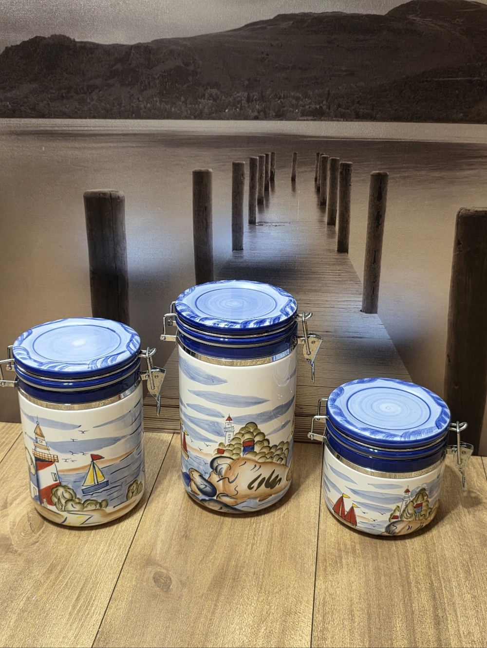 Style Eyes Baum Bros Canister Set Nantucket Blue Nautical Ceramic Canisters